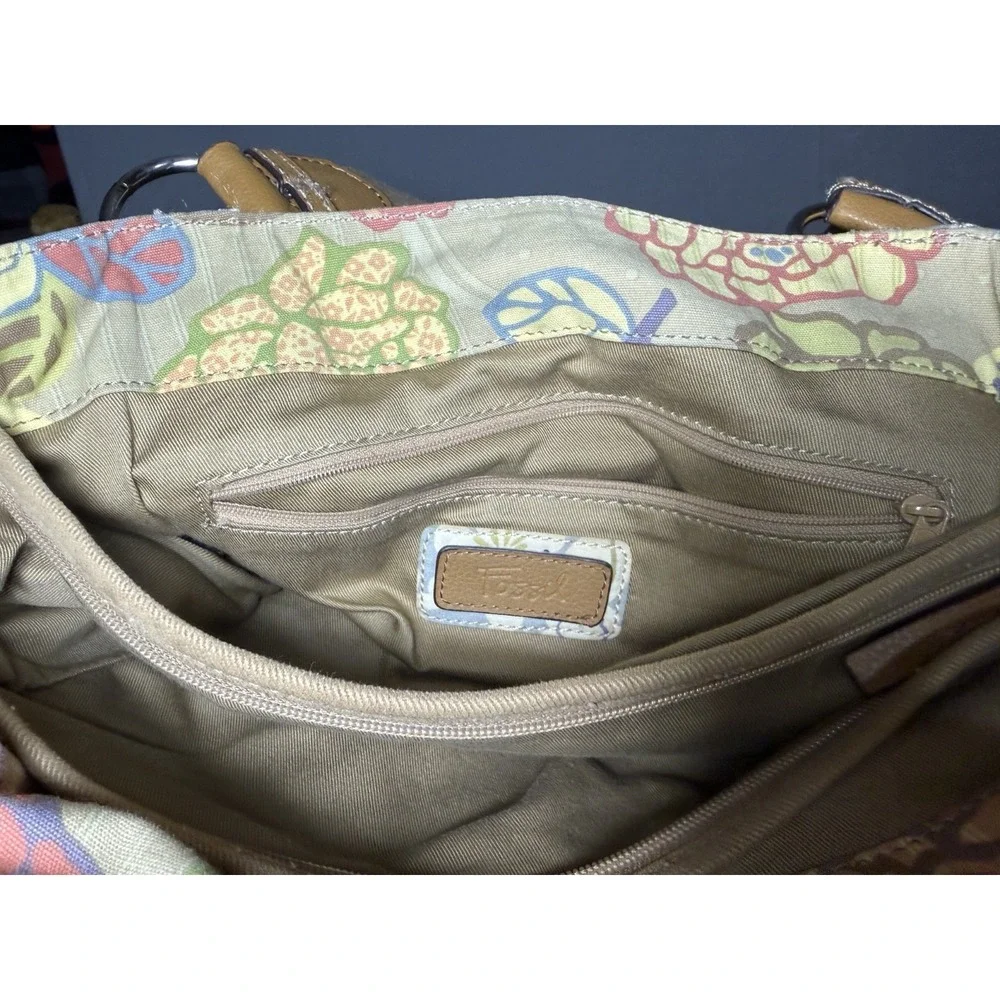 Fossil Key-Per Floral Hobo Tote Bag Canvas & Leather Trim Shoulder Purse